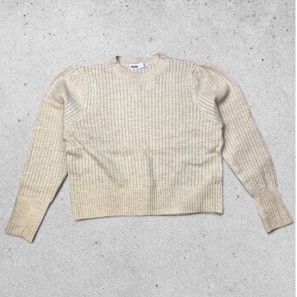 Elodie Womens XL Beige Pointelle Knit Puff Sleeve Crewneck Sweater ELSY4165-NR